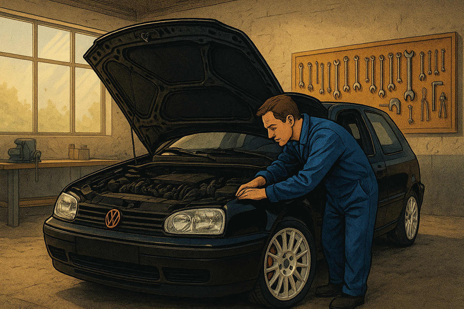 Mechanic in blue overalls inspecting a car engine in a garage with tools on the wall.