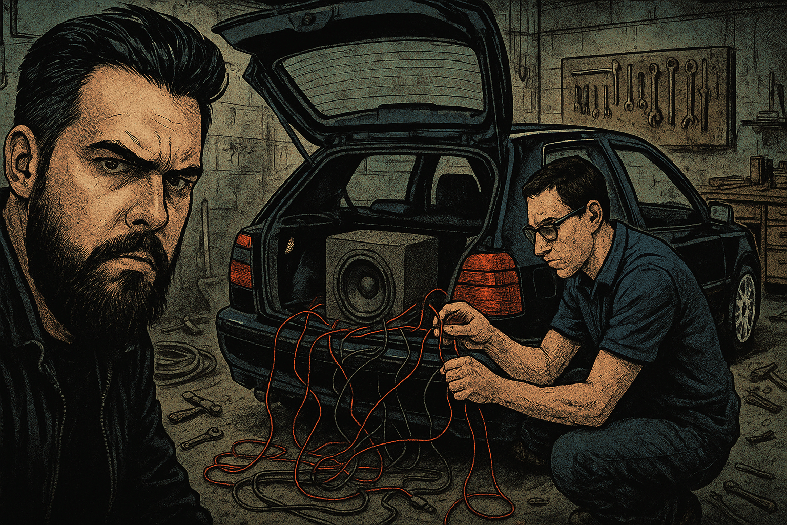 Bearded man stands by as another man works with wires in an open car trunk, in a dimly lit garage.