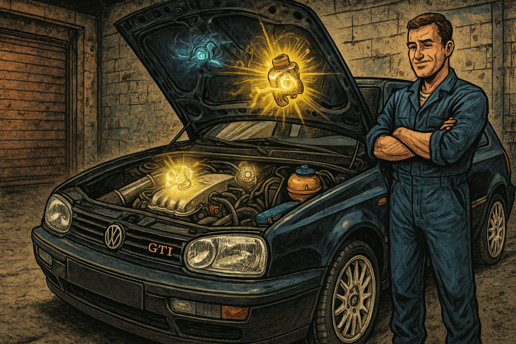 Mechanic in blue overalls stands by a car with glowing engine parts, hood open, in a dimly lit garage.