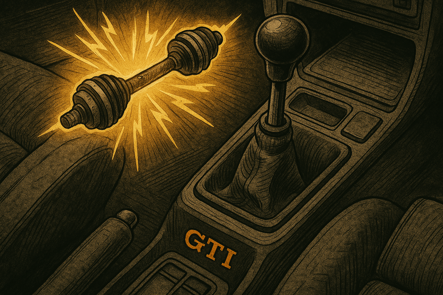 Illustration of a glowing axle shaft floating above a car's GTI central console with gear shift.