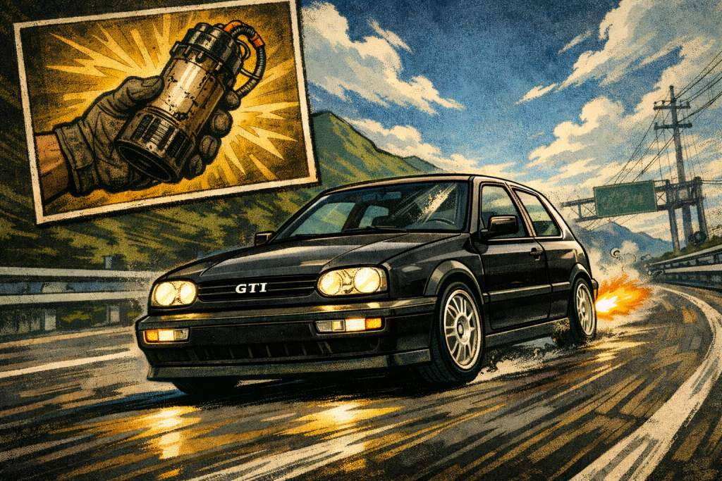 A black GTI car speeds on a highway with a fiery exhaust. Inset: gloved hand holding a shiny mechanical device.