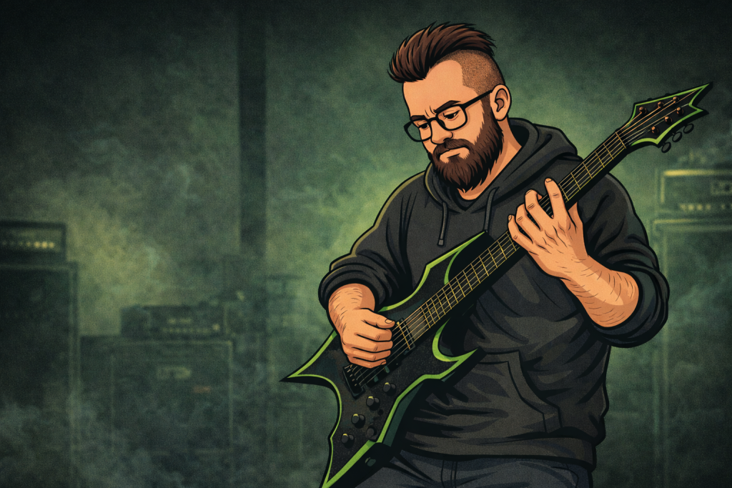Illustration of a bearded man playing a black and green electric guitar with speakers in the background.
