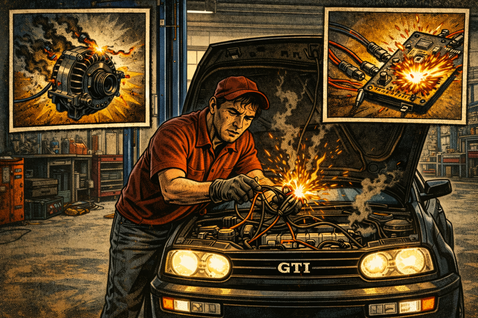 Mechanic repairing a GTI engine with sparks, wearing gloves and cap, in a garage. Exploding components depicted.