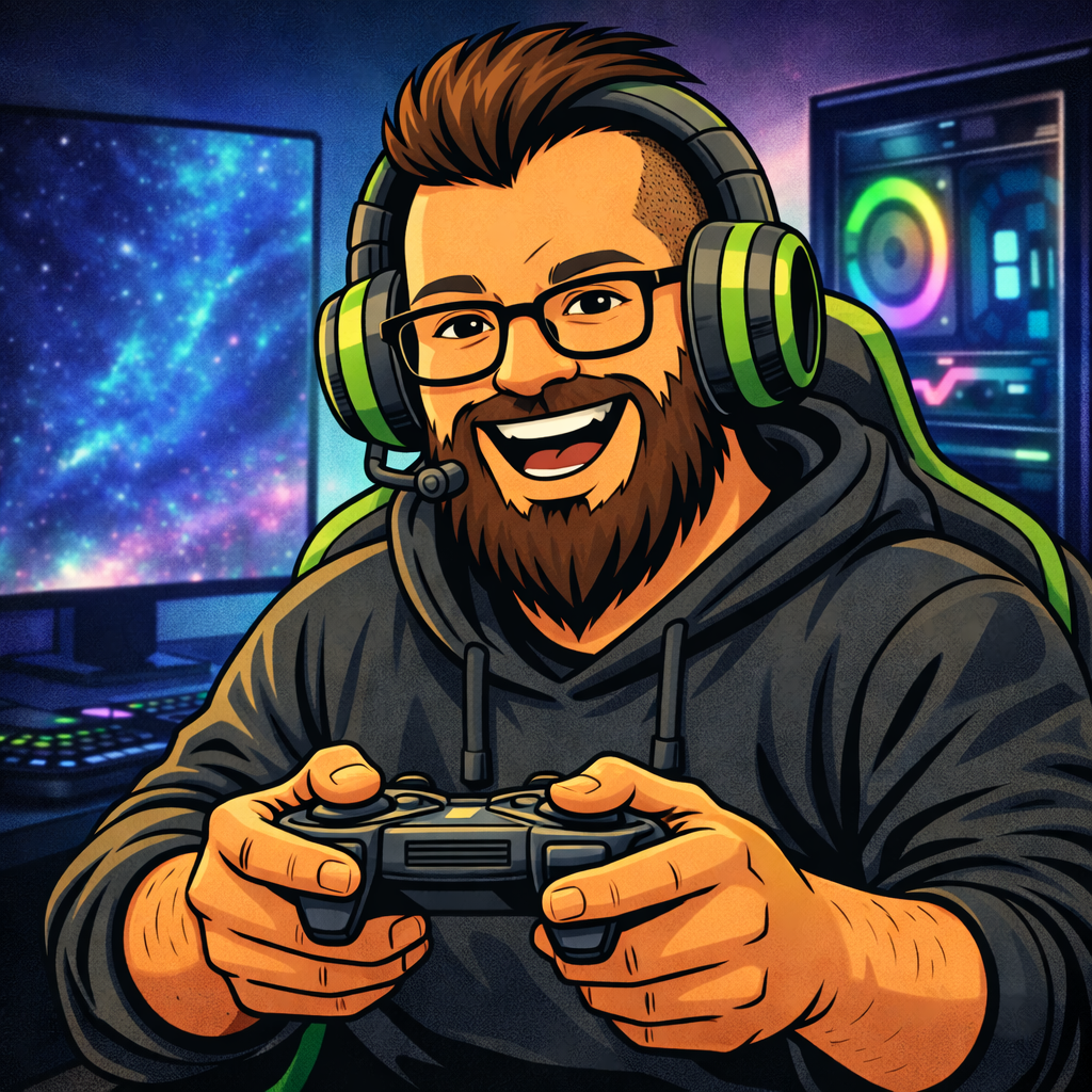 Cartoon gamer with beard wearing a hoodie and headset, holding a controller in a colorful gaming setup.