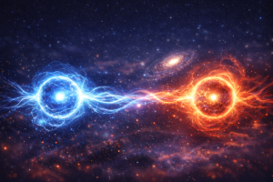 A cosmic scene with two glowing orbs, one blue and one orange, connected by swirling energy against a starry backdrop.