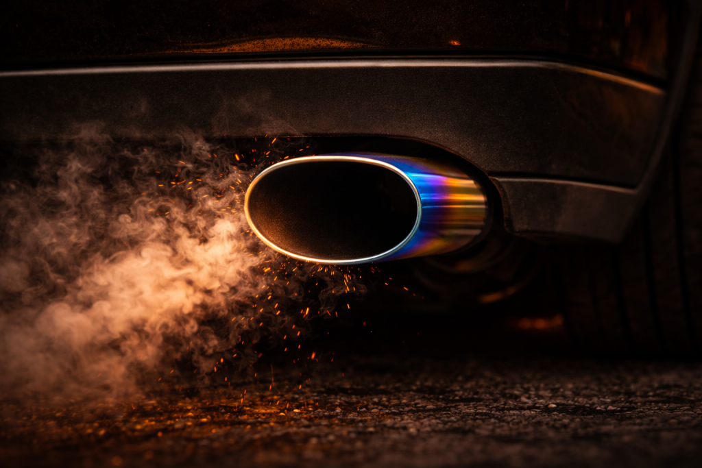 Car exhaust pipe emitting smoke and glowing embers in low light.