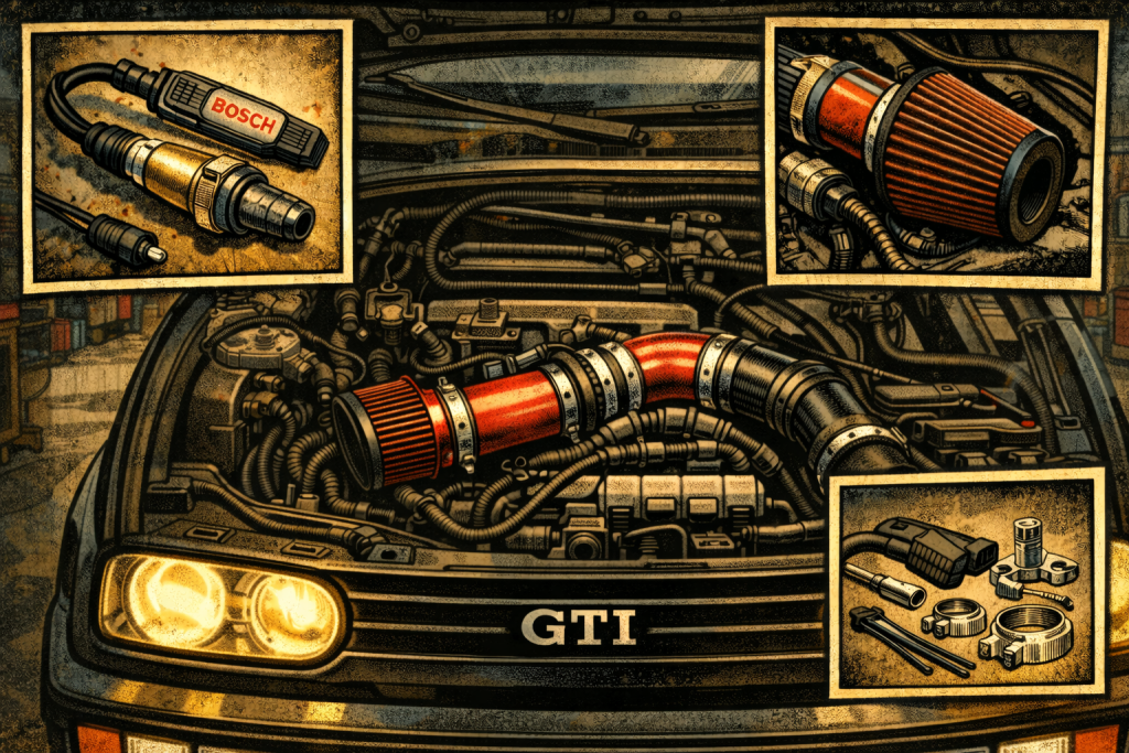 Car engine with GTI badge, detailed inserts show Bosch parts, air filter, and assembly tools.