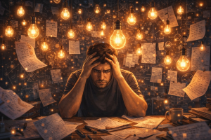 A man sits at a cluttered table, surrounded by lightbulbs and scattered papers, holding his head in distress.