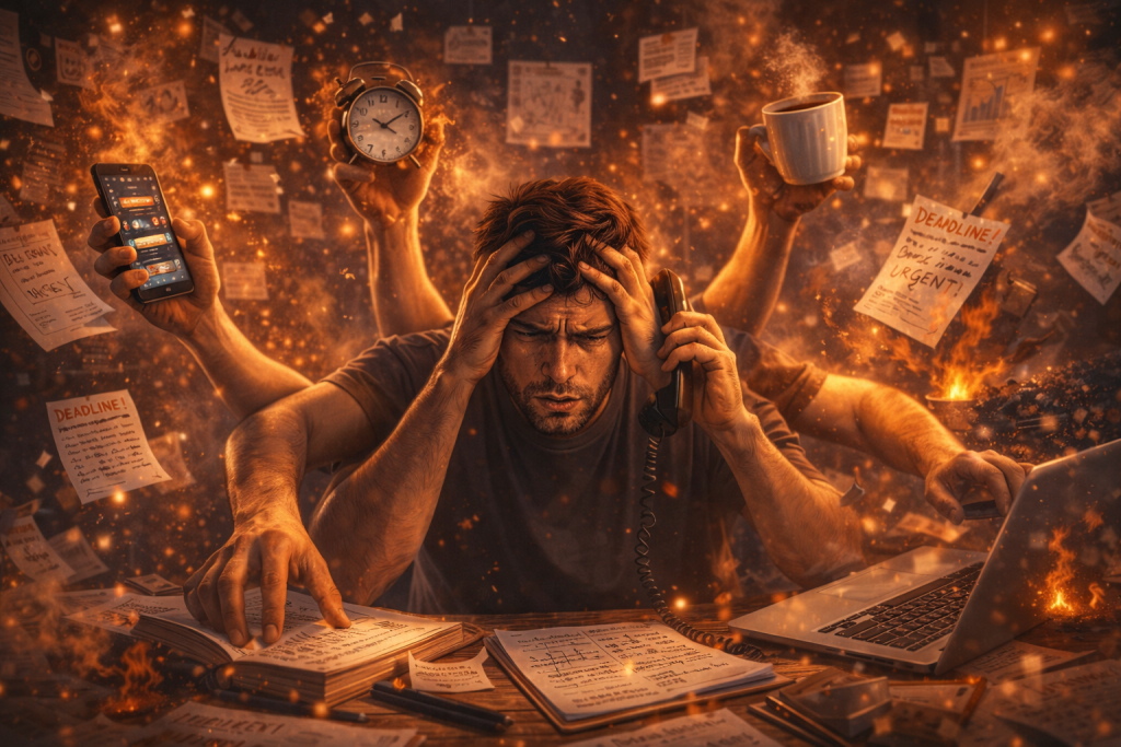 Stressed man with multiple arms multitasking: phone, clock, coffee, laptop, surrounded by papers, and fiery background.