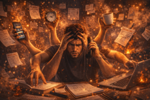 Stressed man with multiple arms multitasking: phone, clock, coffee, laptop, surrounded by papers, and fiery background.