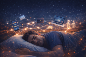 A man sleeps surrounded by dream-like technology icons, including a phone, laptop, briefcase, and handshake.