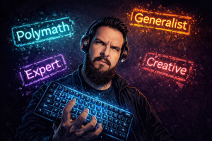 Bearded man with headphones holding a lit keyboard, surrounded by words: Polymath, Expert, Generalist, Creative.