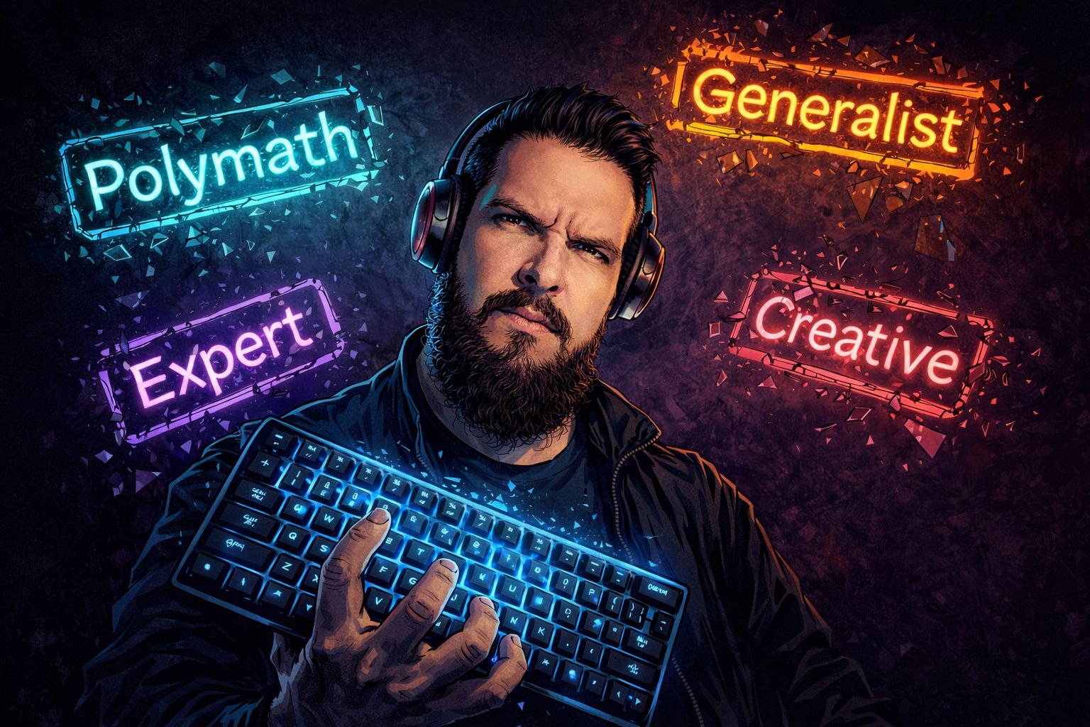 Bearded man with headphones holding a lit keyboard, surrounded by words: Polymath, Expert, Generalist, Creative.