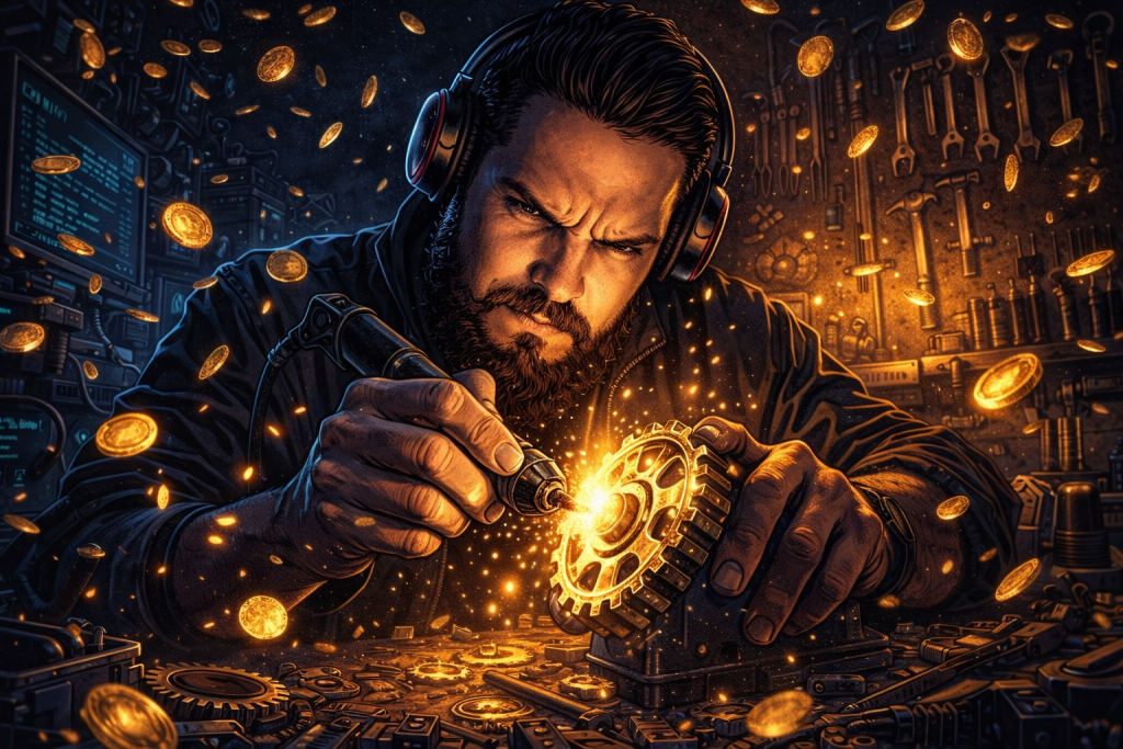 A man wearing headphones carefully welds a glowing gear in a workshop filled with floating golden coins.