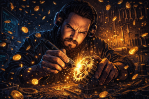 A man wearing headphones carefully welds a glowing gear in a workshop filled with floating golden coins.